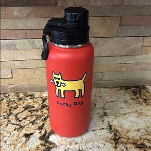 Life Is Good Red Water Bottle with Yellow Dog Design